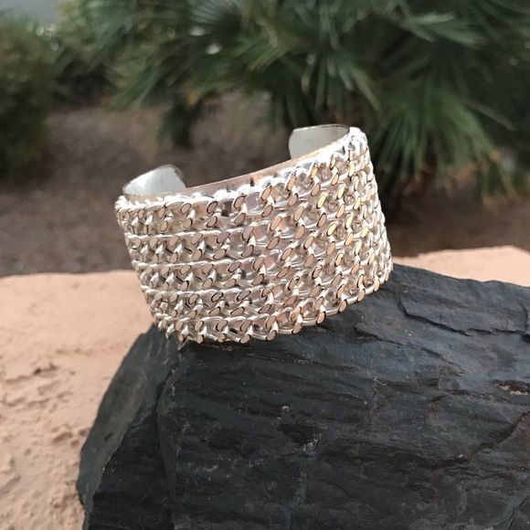 Brushed Silver-Tone Metal Chain Cuff Bracelet - Picture 2 of 5